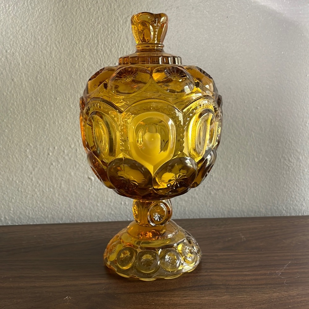 Vintage Smith Amber Glass Moon and Stars Small 8” Compote with Lid Candy Dish